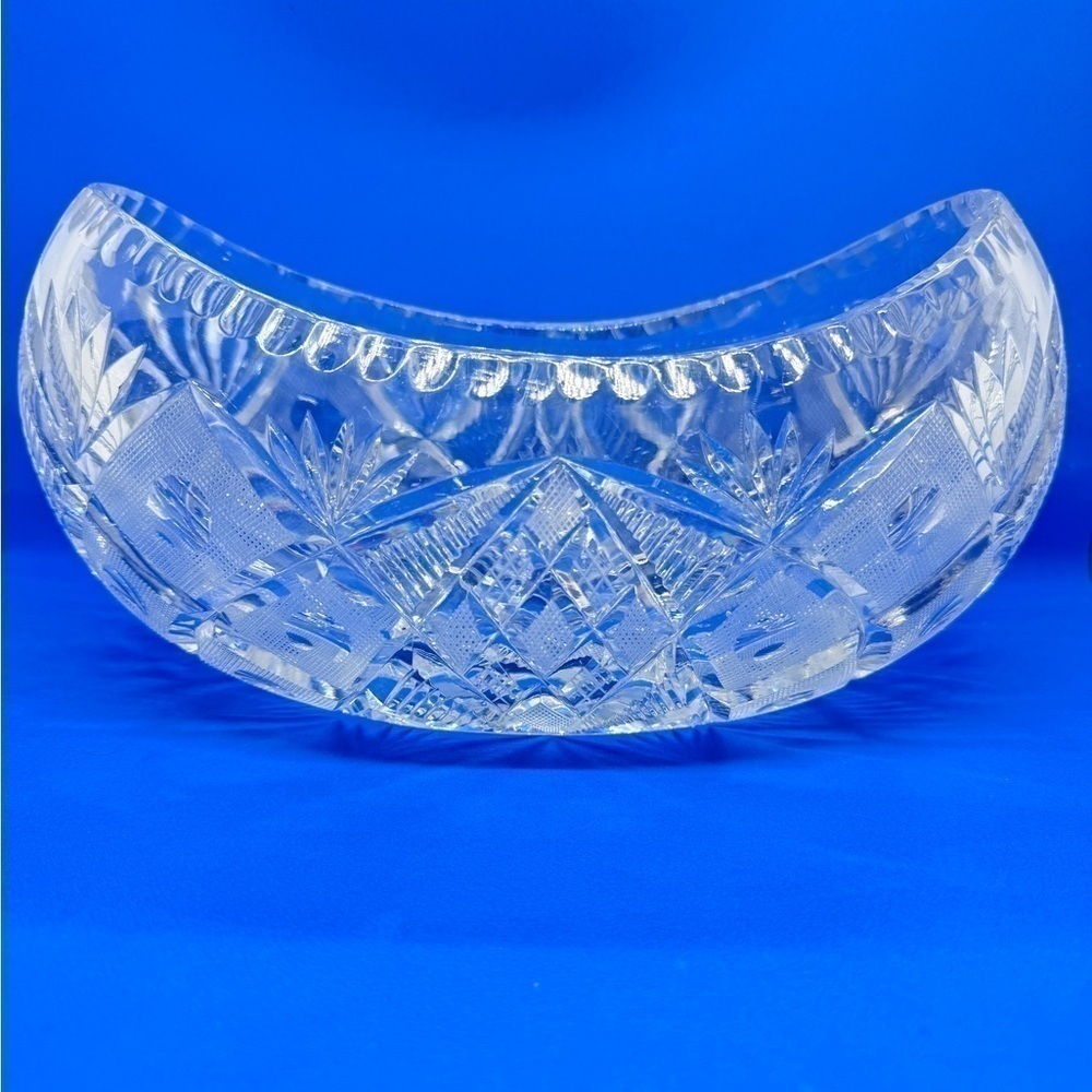 Vintage Brilliant Heavy Lead Crystal Oval Boat Bowl with Scalloped Rim